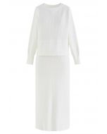 Comfy Ribbed Knit Top and Midi Skirt Set in White
