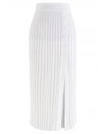 Buttoned Front Slit Rib Knit Skirt in White