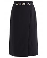 Flap Front Belted Midi Skirt in Black