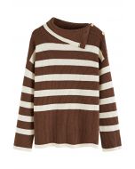 Buttoned Neck Striped Oversize Sweater in Brown