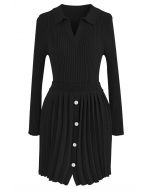 Collared V-Neck Knit Top and Pleated Skirt Set in Black
