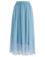 Glitter Embellished Pleated Mesh Tulle Skirt in Light Blue