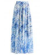 Summer Forest Printed Chiffon Maxi Skirt in Blue