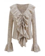 Exaggerated Ruffle Neck Self-Tie Knit Top in Oatmeal