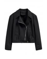 Diagonal Zip Up Faux Leather Jacket in Black