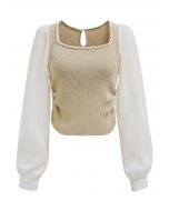 Beaded Square Neck Spliced Puff Sleeve Knit Top in Sand