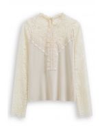 Ethereal Floral Lace Spliced Knit Top in Cream