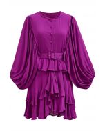 Exaggerated Bubble Sleeve Belted Ruffle Dress in Magenta