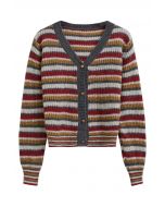 Multicolored Striped Button Front Knit Cardigan in Red
