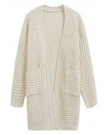 Batwing-Sleeve Pockets Waffle Knit Cardigan in Ivory