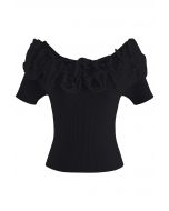 Ruffle Mesh Boat Neck Knit Top in Black