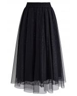 Sequined Floral Lace Mesh Tulle Skirt in Black