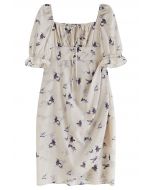 Seagull Print Square Neck Midi Dress