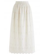 Side Slit Floret Embroidered Eyelet Maxi Skirt in Cream