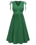 Tie-String Pleated Sleeveless Midi Dress in Green