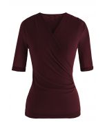Faux Wrap Soft Mesh Elbow Sleeve Top in Burgundy