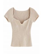 U-Shape Wide Collar Fitted Knit Top in Khaki