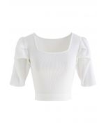 Square Neck Puff Shoulder Knit Crop Top in White