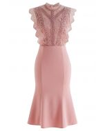 Crochet Lace Spliced Sleeveless Mermaid Dress in Pink