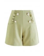 Adorable Flower Ruffle Trim Shorts in Pea Green