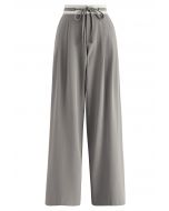 Contrast Drawstring Waist Pleated Straight-Leg Pants in Grey