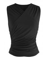 Faux-Wrap Ruched Sleeveless Top in Black