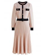 Belted Contrast Color Pleated Knit Dress