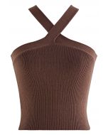 Criss Cross Straps Halter Knit Top in Brown
