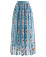 Flower Chain Embroidered Mesh Skirt in Dusty Blue