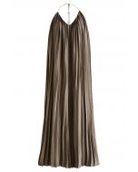 Halter Neck Backless Pleated Maxi Dress in Olive