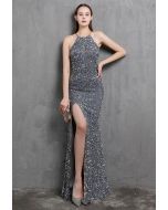 Halter Neck Cutout Sequined Slit Mermaid Gown in Grey