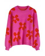 Cuteness Flowers Boxy Round Neck Knit Sweater in Hot Pink