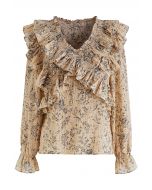 Abstract Print Cross Tiered Ruffled Top in Light Tan