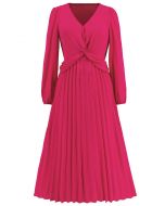 V-Neck Twisted Front Pleated Dress in Magenta