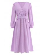 Flock Dot Jacquard Faux-Wrap Belted Dress in Lilac
