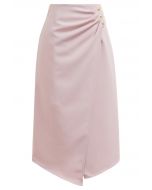 Buttoned Pleats Irregular Flap Midi Skirt in Pink