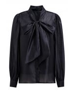 Elegant Bowknot Puff Sleeves Sheer Shirt in Black