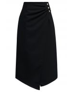 Buttoned Pleats Irregular Flap Midi Skirt in Black