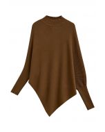 Asymmetric Batwing Sleeve Ribbed Knit Poncho in Caramel