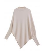 Asymmetric Batwing Sleeve Ribbed Knit Poncho in Oatmeal