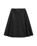 Button Front Faux Leather Midi Skirt in Black