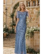 Leaves Branch Sequined Mesh Panelled Gown in Blue