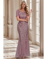 Leaves Branch Sequined Mesh Panelled Gown in Mauve