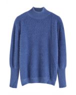 Cozy Perfection High Neck Fuzzy Knit Sweater in Blue