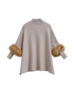 Faux Fur Sleeve Split Hem Knit Poncho in Oatmeal