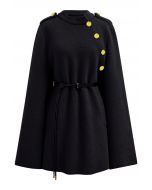 Golden Button Belted Cape Coat in Black