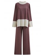 Color Block Mock Neck Knit Sweater and Pants Set in Rust Red
