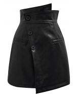 Faux Leather Asymmetric Buttoned Flap Mini Skirt in Black