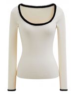 Fuzzy Contrast Edge Scoop Neck Fitted Top in Cream