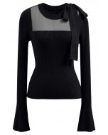 Mesh Inserted Side Bowknot Fitted Knit Top in Black